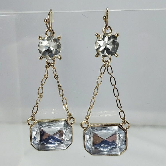 Bijou clear stones gold chain dangle earrings - Picture 2 of 3